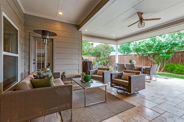 1117 Brandy Sta, Richardson, TX 75080 - fenced backyard with outdoor lounge area, outdoor dining area, a patio area, and a ceiling fan