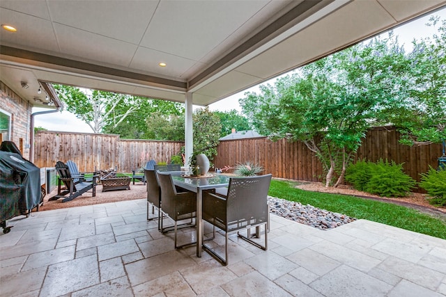 1117 Brandy Sta, Richardson, TX 75080 - fenced backyard with a patio area, outdoor dining area, an outdoor fire pit, and grilling area