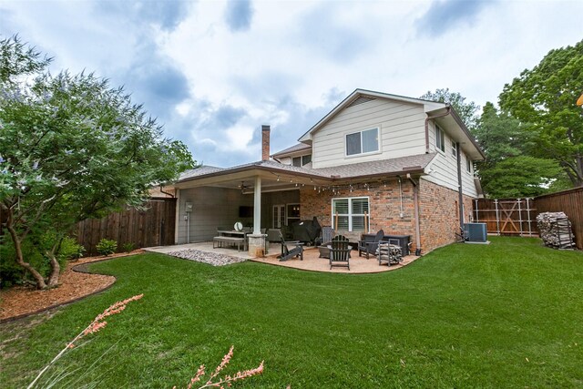 1117 Brandy Sta, Richardson, TX 75080 - back of house with ceiling fan, a patio, a chimney, and brick siding