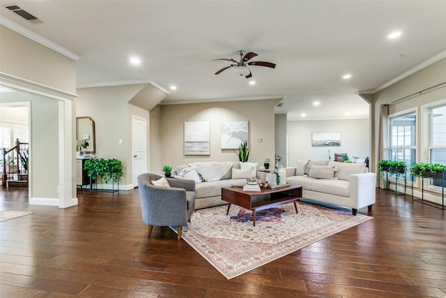 1117 Brandy Sta, Richardson, TX 75080 - living room featuring dark wood-style floors, healthy amount of natural light, ceiling fan, recessed lighting, and ornamental molding