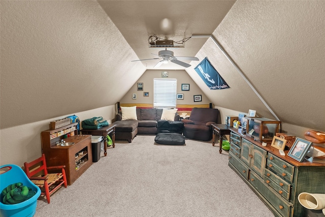 415 Stone Mountain Ct, Cresson, TX 76035 - rec room with a textured ceiling, a ceiling fan, carpet floors, and lofted ceiling