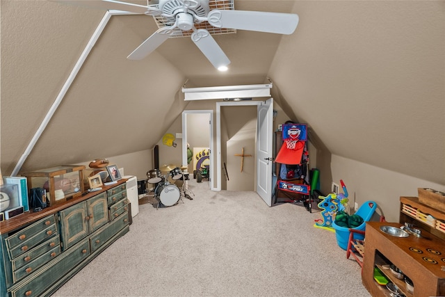 415 Stone Mountain Ct, Cresson, TX 76035 - playroom with lofted ceiling, ceiling fan, and carpet flooring