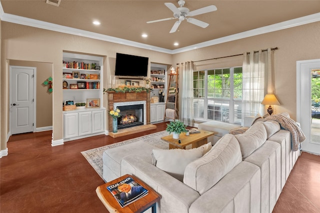415 Stone Mountain Ct, Cresson, TX 76035 - living room featuring crown molding, a ceiling fan, a glass covered fireplace, built in features, and baseboards
