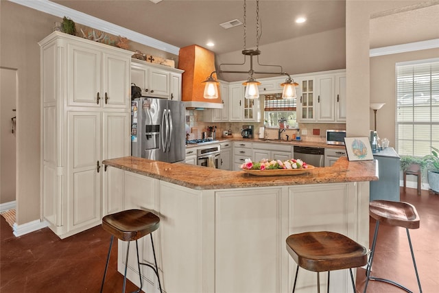 415 Stone Mountain Ct, Cresson, TX 76035 - kitchen with stainless steel appliances, decorative backsplash, glass insert cabinets, healthy amount of natural light, and ornamental molding