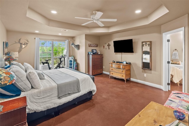 415 Stone Mountain Ct, Cresson, TX 76035 - bedroom with a raised ceiling, baseboards, recessed lighting, concrete flooring, and access to exterior