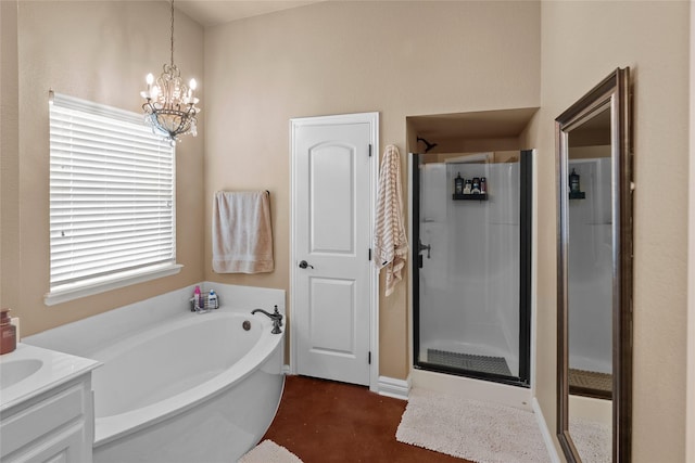 415 Stone Mountain Ct, Cresson, TX 76035 - bathroom featuring a stall shower, a bath, a chandelier, and vanity
