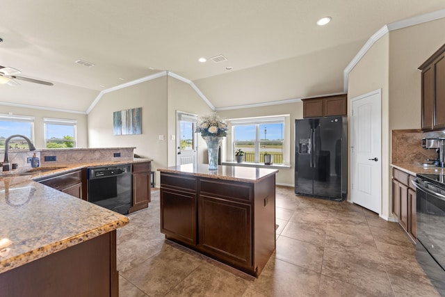 8400 Sioux Trl, Aubrey, TX 76227 - kitchen featuring black appliances, a sink, lofted ceiling, a kitchen island, and crown molding