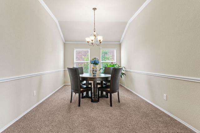 8400 Sioux Trl, Aubrey, TX 76227 - carpeted dining area featuring crown molding, a chandelier, baseboards, and vaulted ceiling