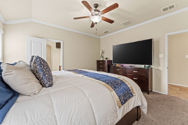 8400 Sioux Trl, Aubrey, TX 76227 - bedroom featuring light colored carpet, crown molding, baseboards, and a ceiling fan