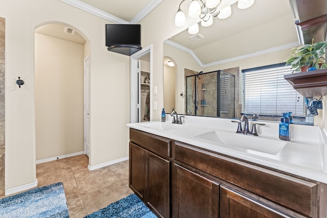 8400 Sioux Trl, Aubrey, TX 76227 - full bath featuring a shower stall, crown molding, double vanity, tile patterned flooring, and baseboards
