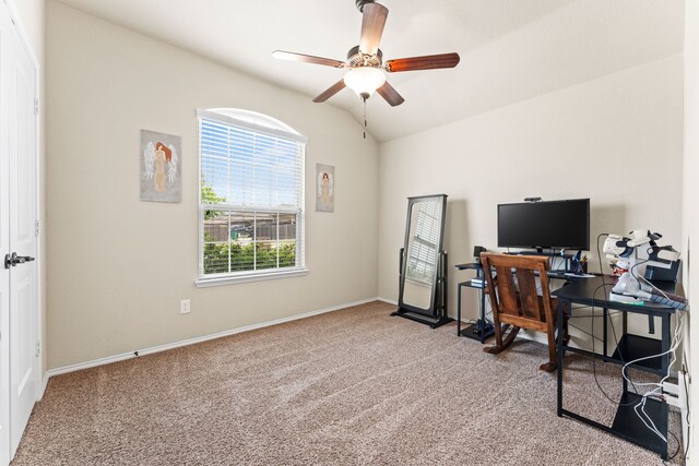 8400 Sioux Trl, Aubrey, TX 76227 - home office featuring a ceiling fan, light carpet, lofted ceiling, and baseboards