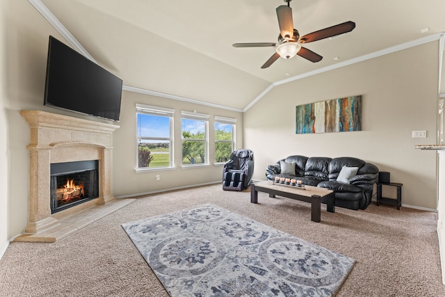 8400 Sioux Trl, Aubrey, TX 76227 - living room with carpet, a ceiling fan, a fireplace, vaulted ceiling, and baseboards
