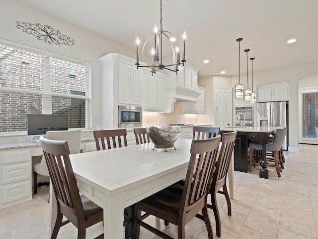 897 Clear Water Dr, Allen, TX 75013 - dining room with recessed lighting, a chandelier, an office area, and light tile patterned flooring