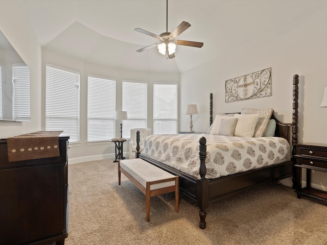 897 Clear Water Dr, Allen, TX 75013 - bedroom featuring light carpet, vaulted ceiling, baseboards, and ceiling fan