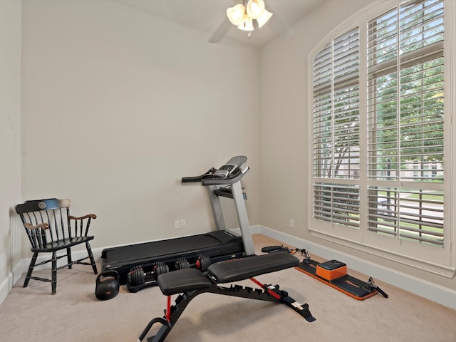 897 Clear Water Dr, Allen, TX 75013 - workout area featuring carpet flooring, baseboards, and a ceiling fan