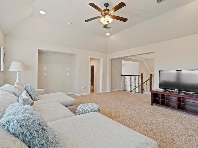 897 Clear Water Dr, Allen, TX 75013 - carpeted living area with ceiling fan, lofted ceiling, baseboards, and recessed lighting