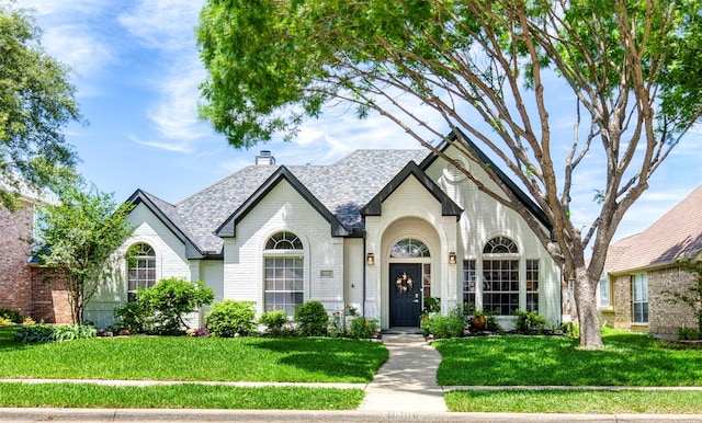 10108 Hunter Run, Frisco, TX 75035 - view of front of house with brick siding, a front yard, a chimney, and roof with shingles