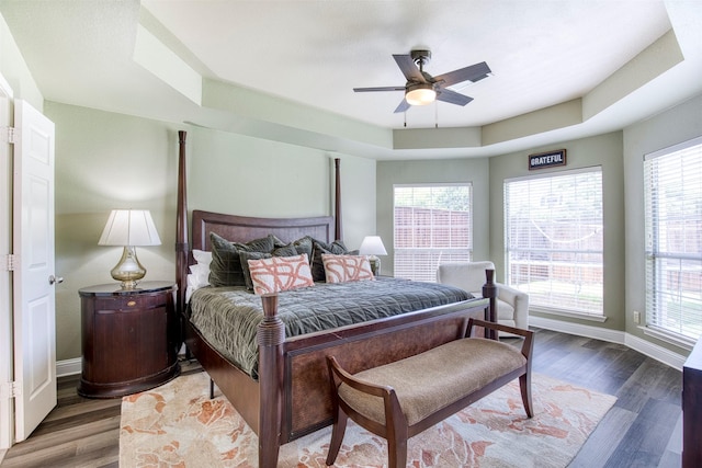 10108 Hunter Run, Frisco, TX 75035 - bedroom featuring wood finished floors, a raised ceiling, multiple windows, and ceiling fan