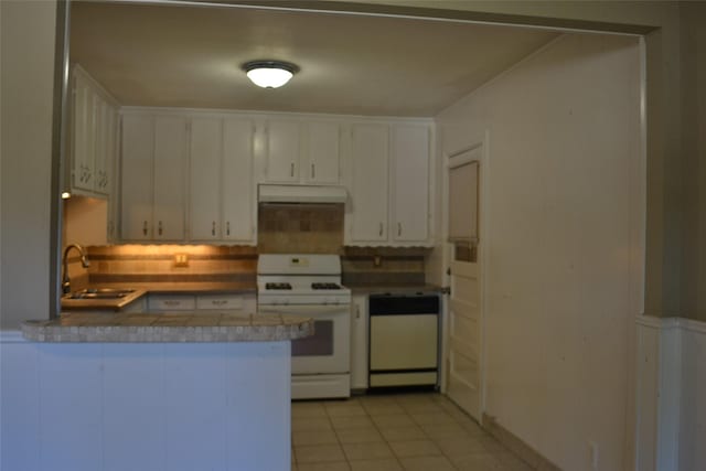 202 Pine St, Arlington, TX 76011 - kitchen with white appliances, under cabinet range hood, a sink, a peninsula, and white cabinetry