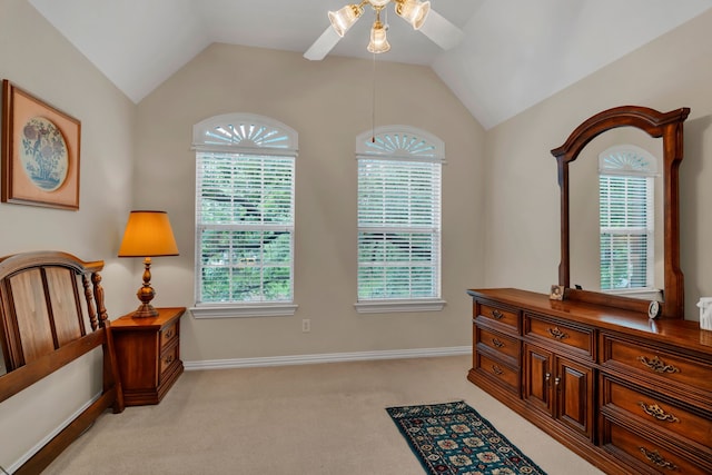 3916 Navajo Ln, Bedford, TX 76021 - sitting room featuring a ceiling fan, vaulted ceiling, light carpet, and healthy amount of natural light