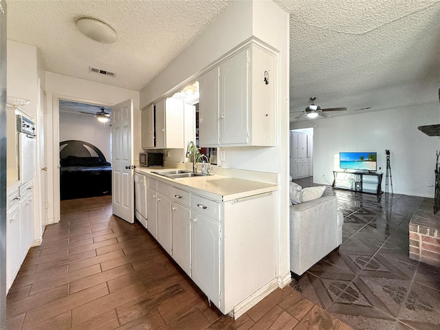 2725 Rustown Dr, Mesquite, TX 75150 - kitchen featuring ceiling fan, a textured ceiling, a sink, and white cabinetry