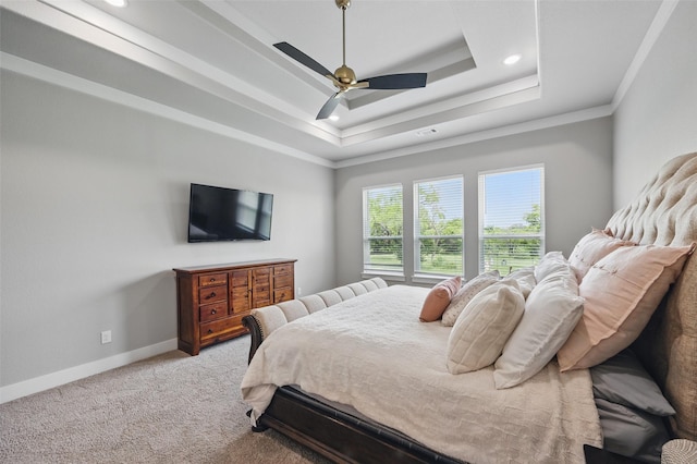 304 Red Roan Rdg, Weatherford, TX 76087 - carpeted bedroom featuring baseboards, recessed lighting, crown molding, a ceiling fan, and a raised ceiling