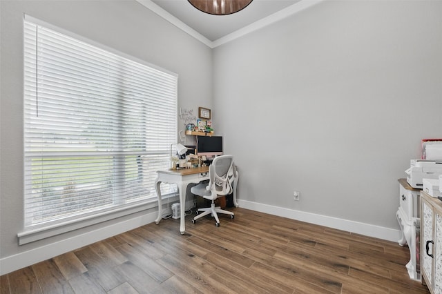 304 Red Roan Rdg, Weatherford, TX 76087 - home office with crown molding, wood finished floors, and baseboards