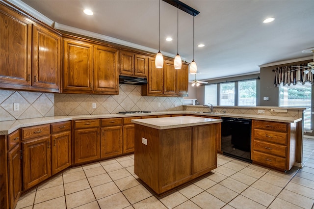 6506 Parkside Dr, Arlington, TX 76001 - kitchen featuring black dishwasher, a peninsula, light countertops, light tile patterned floors, and ornamental molding