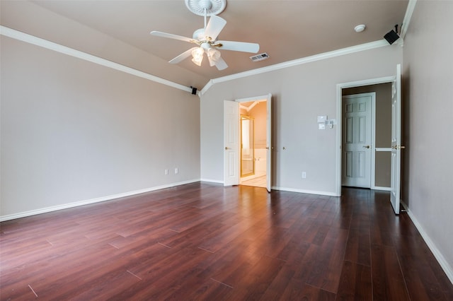 6506 Parkside Dr, Arlington, TX 76001 - unfurnished bedroom with ornamental molding, dark wood-style flooring, vaulted ceiling, connected bathroom, and ceiling fan