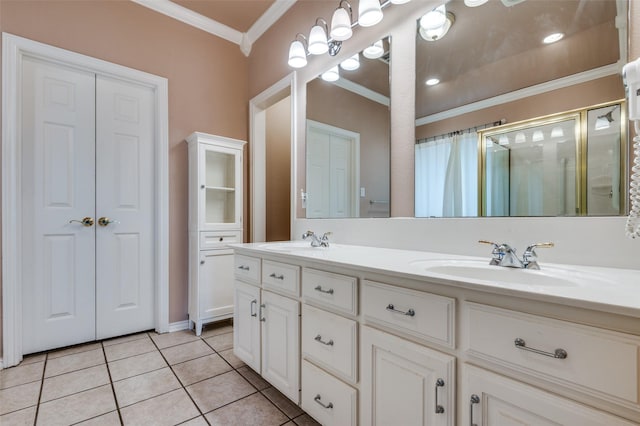 6506 Parkside Dr, Arlington, TX 76001 - full bath with ornamental molding, double vanity, a stall shower, and tile patterned flooring