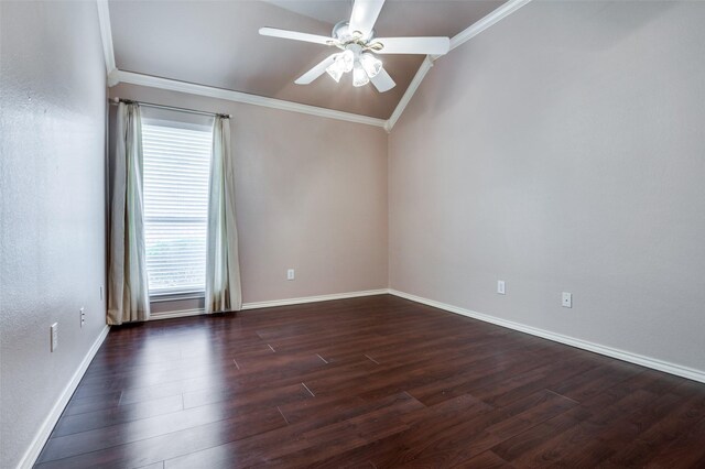 6506 Parkside Dr, Arlington, TX 76001 - spare room featuring ornamental molding, ceiling fan, dark wood-style floors, and vaulted ceiling