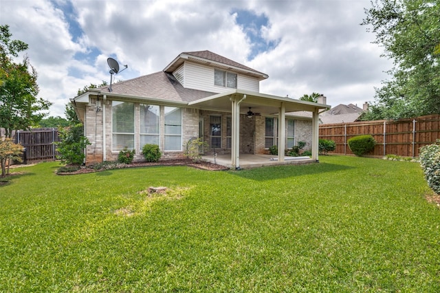 6506 Parkside Dr, Arlington, TX 76001 - back of property featuring ceiling fan, a patio, a fenced backyard, and brick siding