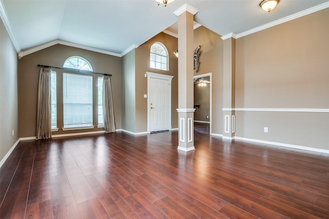 6506 Parkside Dr, Arlington, TX 76001 - foyer featuring ornate columns, wood finished floors, lofted ceiling, ornamental molding, and ceiling fan