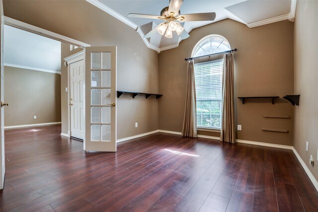 6506 Parkside Dr, Arlington, TX 76001 - spare room with healthy amount of natural light, a ceiling fan, ornamental molding, wood finished floors, and lofted ceiling