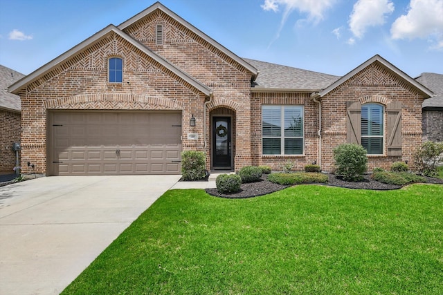 1809 Lithgow Rd, Celina, TX 75009 - view of front of property with brick siding, driveway, a shingled roof, a front lawn, and a garage