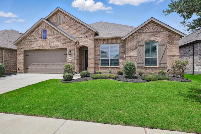 1809 Lithgow Rd, Celina, TX 75009 - french provincial home featuring brick siding, driveway, an attached garage, a front yard, and a shingled roof