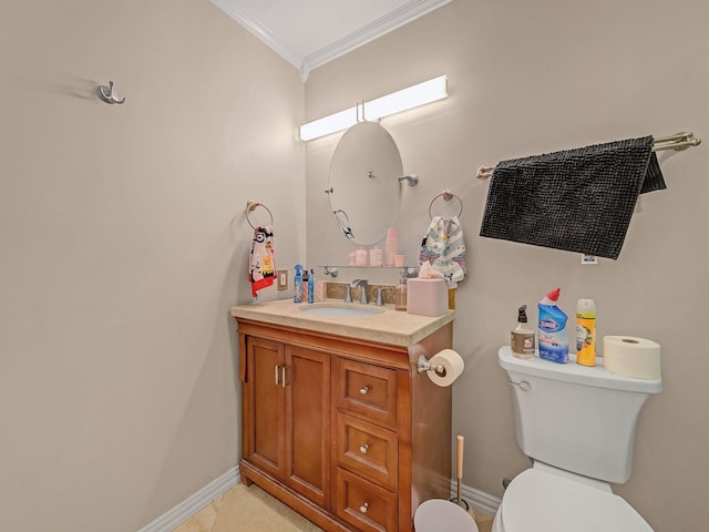 1824 Castille Dr, Carrollton, TX 75007 - bathroom featuring ornamental molding, toilet, vanity, and baseboards