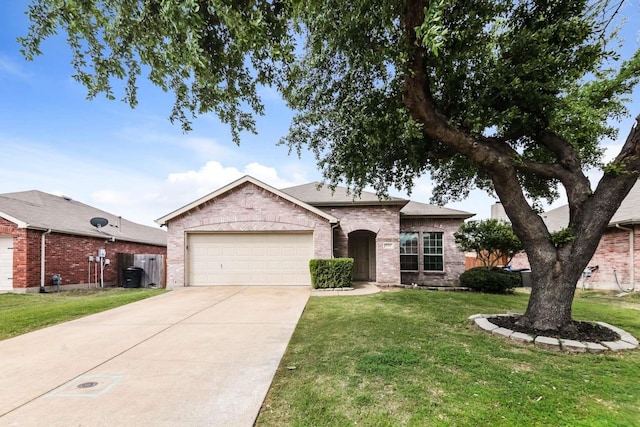 532 Chestnut Trl, Forney, TX 75126 - view of front of home with an attached garage, a front lawn, concrete driveway, and brick siding