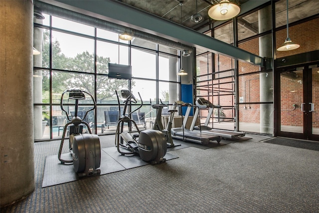 3110 Thomas Ave Unit 535, Dallas, TX 75204 - workout area featuring a wall of windows, a towering ceiling, and carpet flooring