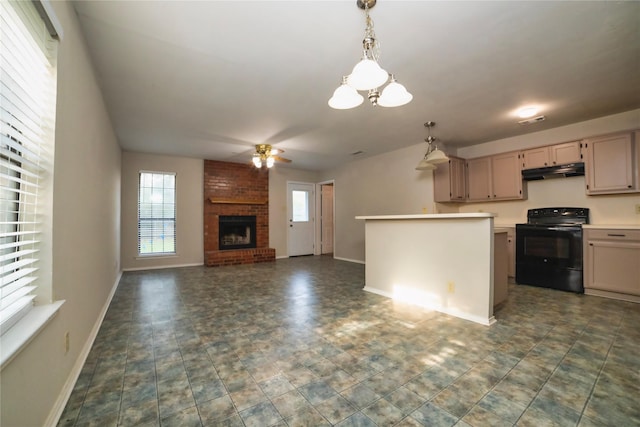 2812 Howard Ct, Denton, TX 76209 - kitchen with black range with electric stovetop, under cabinet range hood, a ceiling fan, a brick fireplace, and baseboards