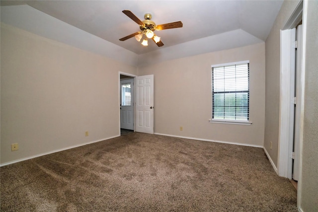 2812 Howard Ct, Denton, TX 76209 - unfurnished bedroom with carpet floors, lofted ceiling, baseboards, and a ceiling fan