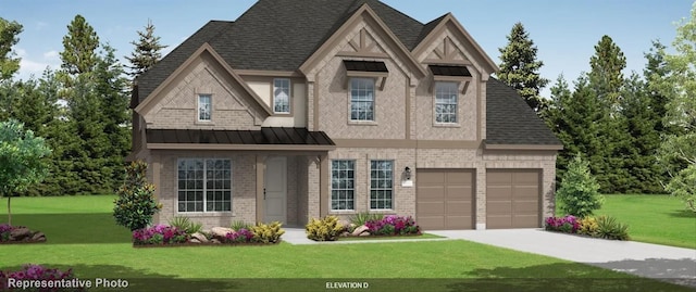 2222 Laurel Dr, Rockwall, TX 75087 - view of front of home featuring a front yard, concrete driveway, brick siding, a standing seam roof, and a shingled roof