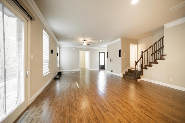 624 Ansley Way, Allen, TX 75013 - unfurnished living room with wood finished floors, baseboards, stairway, and ornamental molding