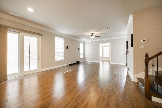 624 Ansley Way, Allen, TX 75013 - unfurnished living room featuring a ceiling fan, stairway, crown molding, wood finished floors, and baseboards