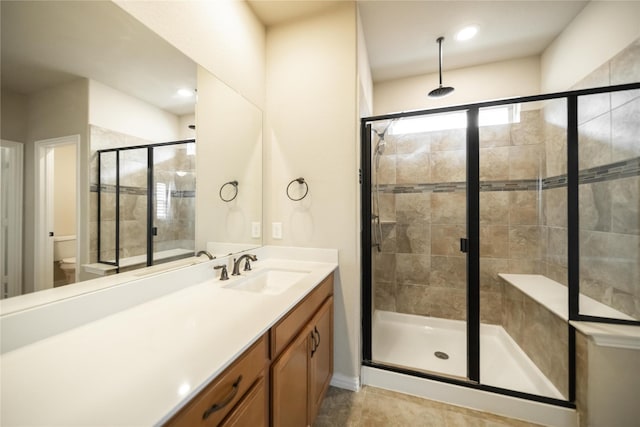 624 Ansley Way, Allen, TX 75013 - bathroom with vanity, a shower stall, toilet, and tile patterned flooring