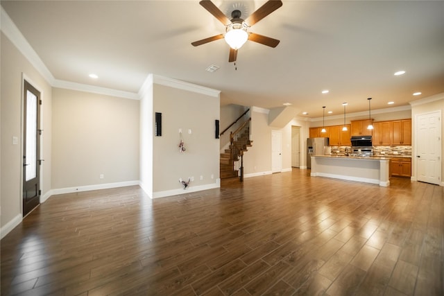 624 Ansley Way, Allen, TX 75013 - unfurnished living room featuring ornamental molding, recessed lighting, stairs, dark wood-type flooring, and baseboards
