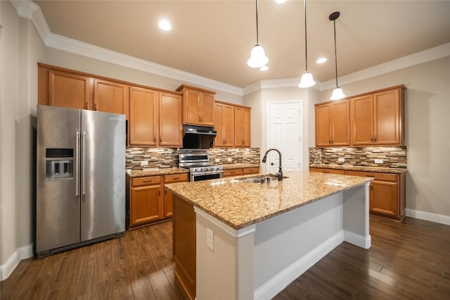 624 Ansley Way, Allen, TX 75013 - kitchen with appliances with stainless steel finishes, a sink, dark wood finished floors, an island with sink, and light stone counters