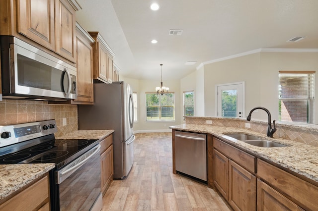 2304 Forest Hill Ln, Granbury, TX 76048 - kitchen featuring stainless steel appliances, a sink, a chandelier, light wood-style floors, and tasteful backsplash
