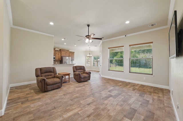2304 Forest Hill Ln, Granbury, TX 76048 - sitting room featuring a ceiling fan, baseboards, recessed lighting, light wood-type flooring, and ornamental molding