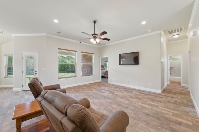 2304 Forest Hill Ln, Granbury, TX 76048 - living room with ceiling fan, light wood-type flooring, baseboards, crown molding, and recessed lighting